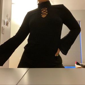 Black long sleeve blouse with lace up front